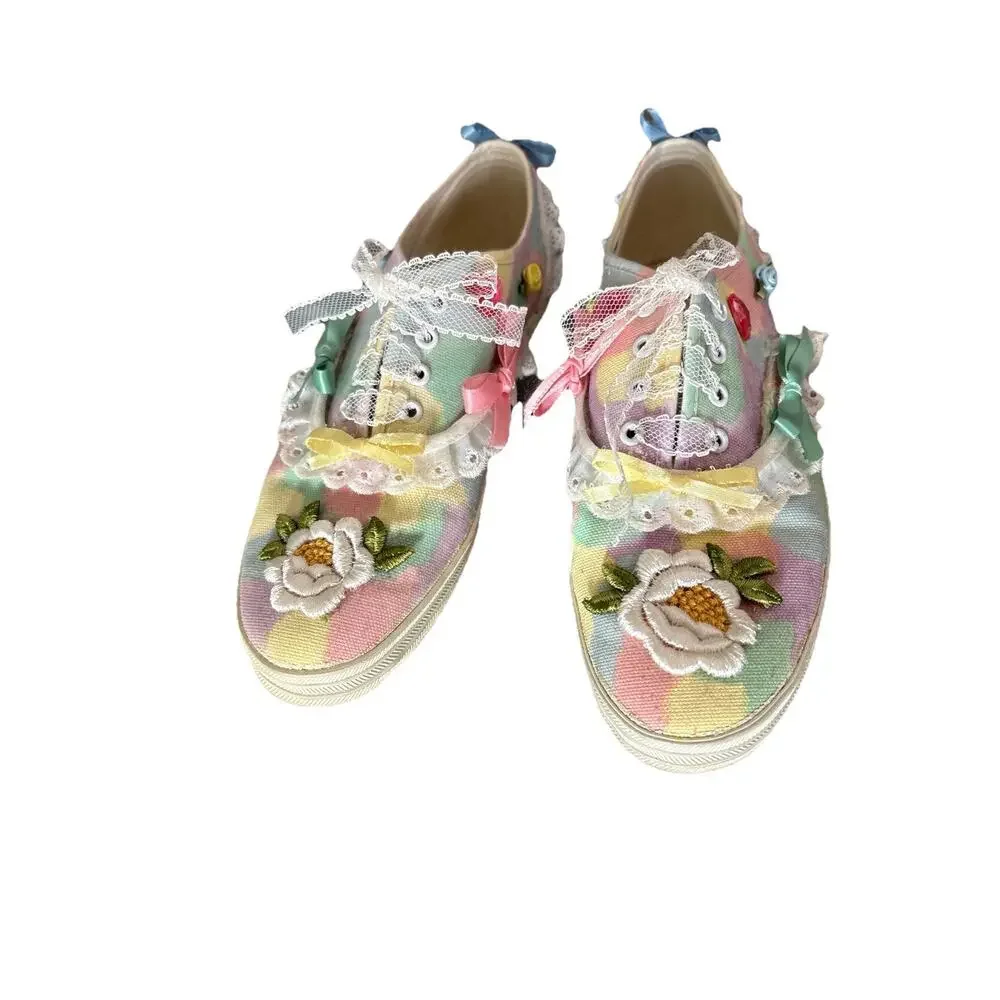 Vintage Cottagecore Embellished Canvas Sneakers Women’s Size 7 Handmade 90s